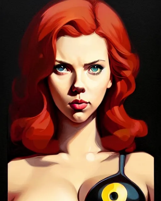 Image similar to peter mohrbacher, phil noto, artgerm, pretty scarlett johansson as april o'neil, symmetrical eyes, short red hair