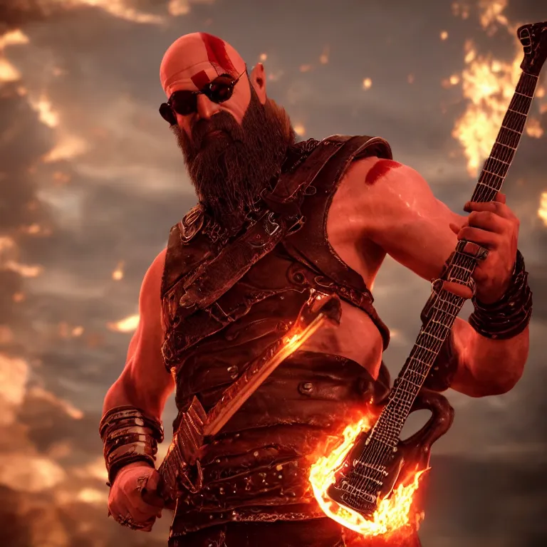 Prompt: sunglasses wearing kratos rocking out on a flaming stratocaster guitar guitar, cinematic render, god of war 2 0 1 8, playstation studios official media, lightning, flames, red stripe, red stripe, clear, coherent, guitar, guitar