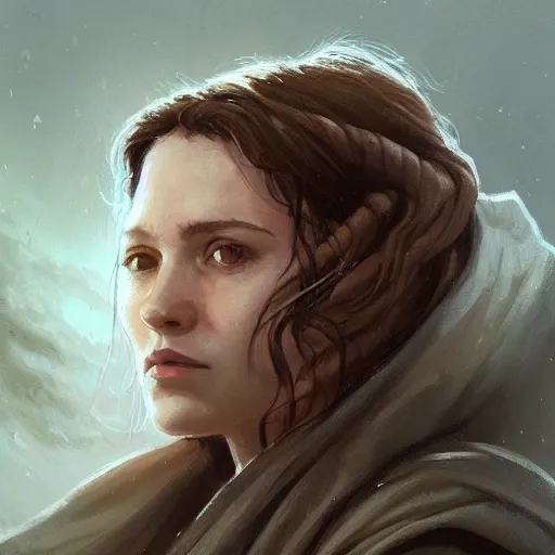 Image similar to portrait of an woman by Greg Rutkowski, she is about 20 years old, pretty, long brown wavy hair, scar near her mouth that makes her look like she's smiling all the time, wearing jedi robes, Star Wars Expanded Universe, highly detailed portrait, digital painting, artstation, concept art, smooth, sharp foccus ilustration, Artstation HQ