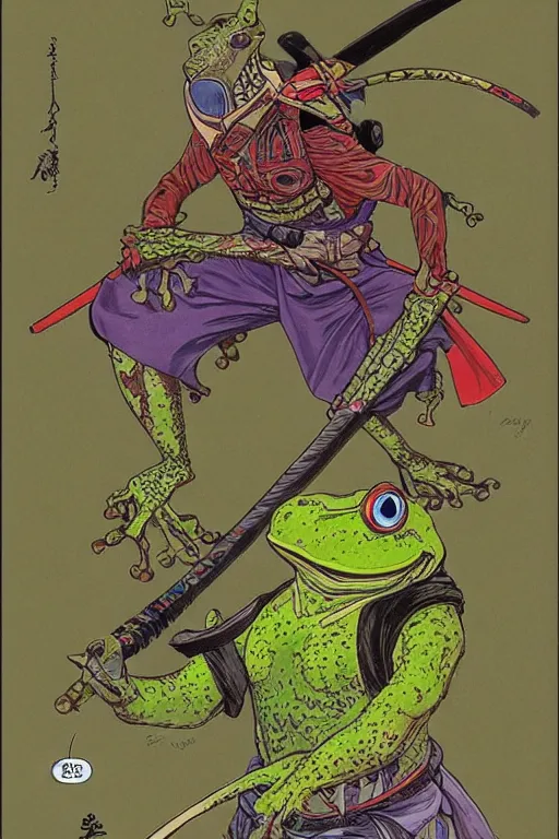 Prompt: Frog Samurai. concept art by James Gurney and Mœbius.