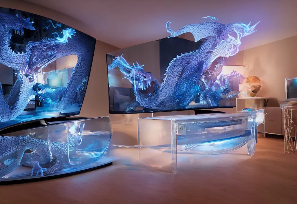 Image similar to curved transparent 3 dtv dragon popping out of tv, volumetric lighting, bedroom, visor, users, pair of keycards on table, bokeh, creterion collection, shot on 7 0 mm, instax