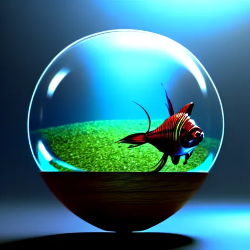 Image similar to a fish bowl with mecha legs, walking on a wooden table, photorealistic 3 d octane render, unreal engine