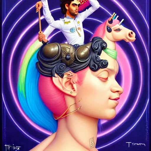 Image similar to portrait of himan riding an unicorn and, pixar style, by tristan eaton stanley artgerm and tom bagshaw.