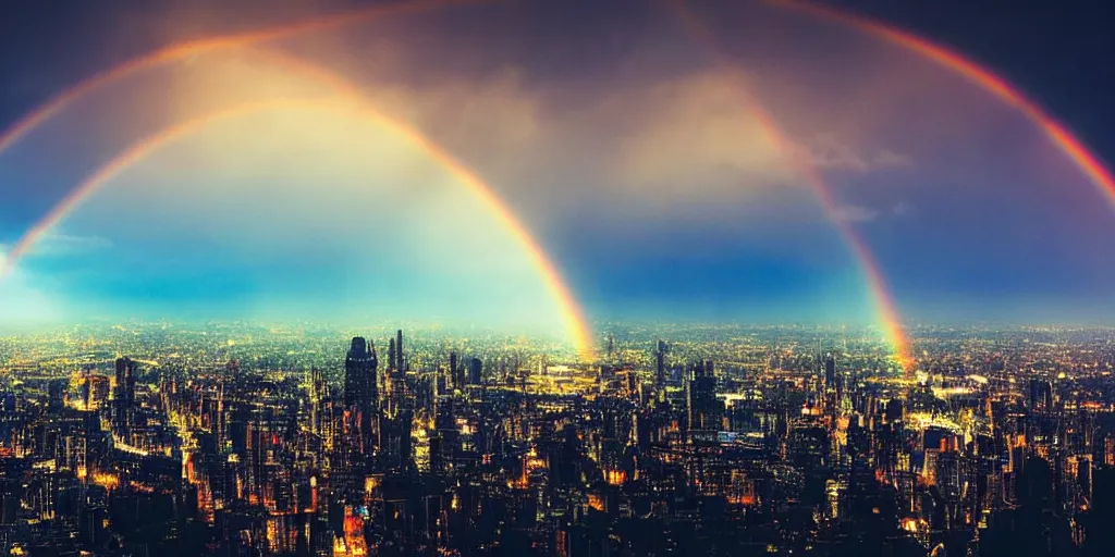 Image similar to a huge city landscape with a dawn mood, many rainbows in the background, incredible digital art, many rainbows, wide angle,