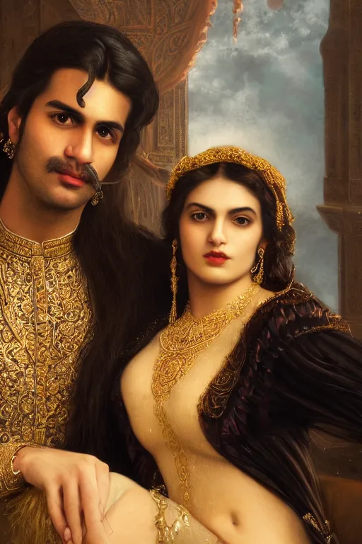 Prompt: a portrait of handsome young male indo-persian Satan and his elegant beautiful indo-persian wife, bored, illustration, dramatic lighting, soft details, painting oil on canvas, art nouveau, octane render, HDR, 4k, 8k, HD, by Edmund Blair Leighton, Brom, Charlie Bowater, trending on artstation, faces by Tom Bagshaw, Sargent
