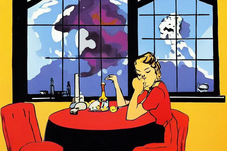 Prompt: a beautiful sad girl is sitting at the table and huge nuclear explosion is in the window, painting in style of Malcolm Smith