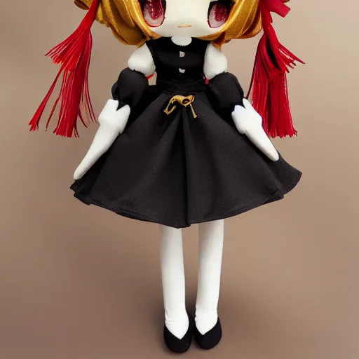 Prompt: cute fumo plush of a girl in a gothic dress, gold and black, ruffles tassels and ribbons, soft shadow, cel shading, vray