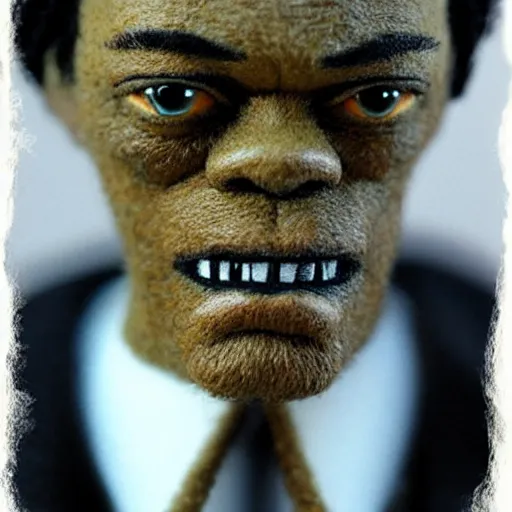 Image similar to needle felted Samuel L Jackson as Jules in Pulp Fiction (1994), highly detailed, tilt shift, cool, hyperrealism, highly textured, god rays