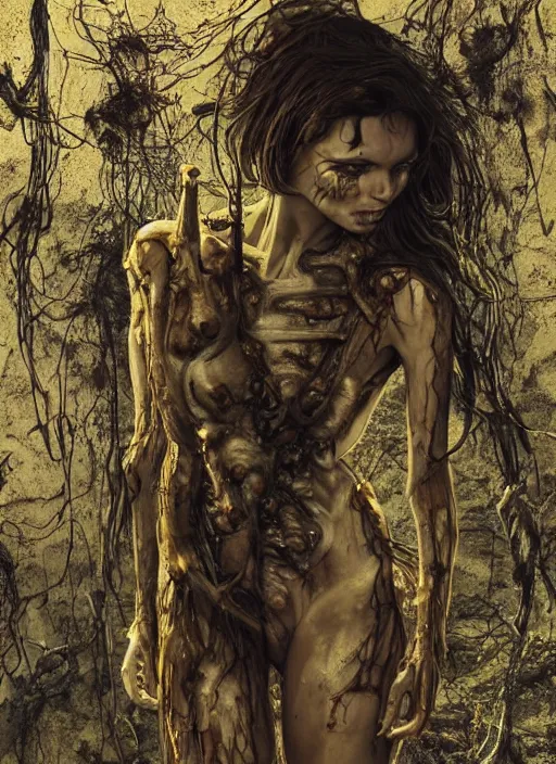 Image similar to masterpiece, emily ratajkowski , bones and veins, biopunk clothes, body horror, yellow glowing background, gustav dore, zdzislaw beksinksi, Ross Tran