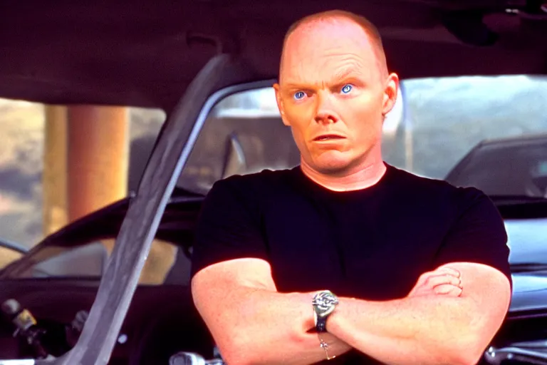 Image similar to a film still of Bill burr in 2 fast 2 furious, high quality