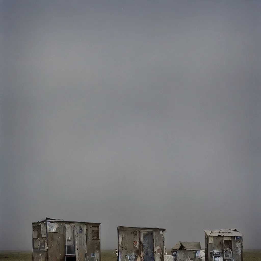 Image similar to two towers, made up of stacked makeshift squatter shacks with bleached colours, plain uniform sky at the back, misty, mamiya, shallow depth of field, ultra sharp, very detailed, photographed by julie blackmon