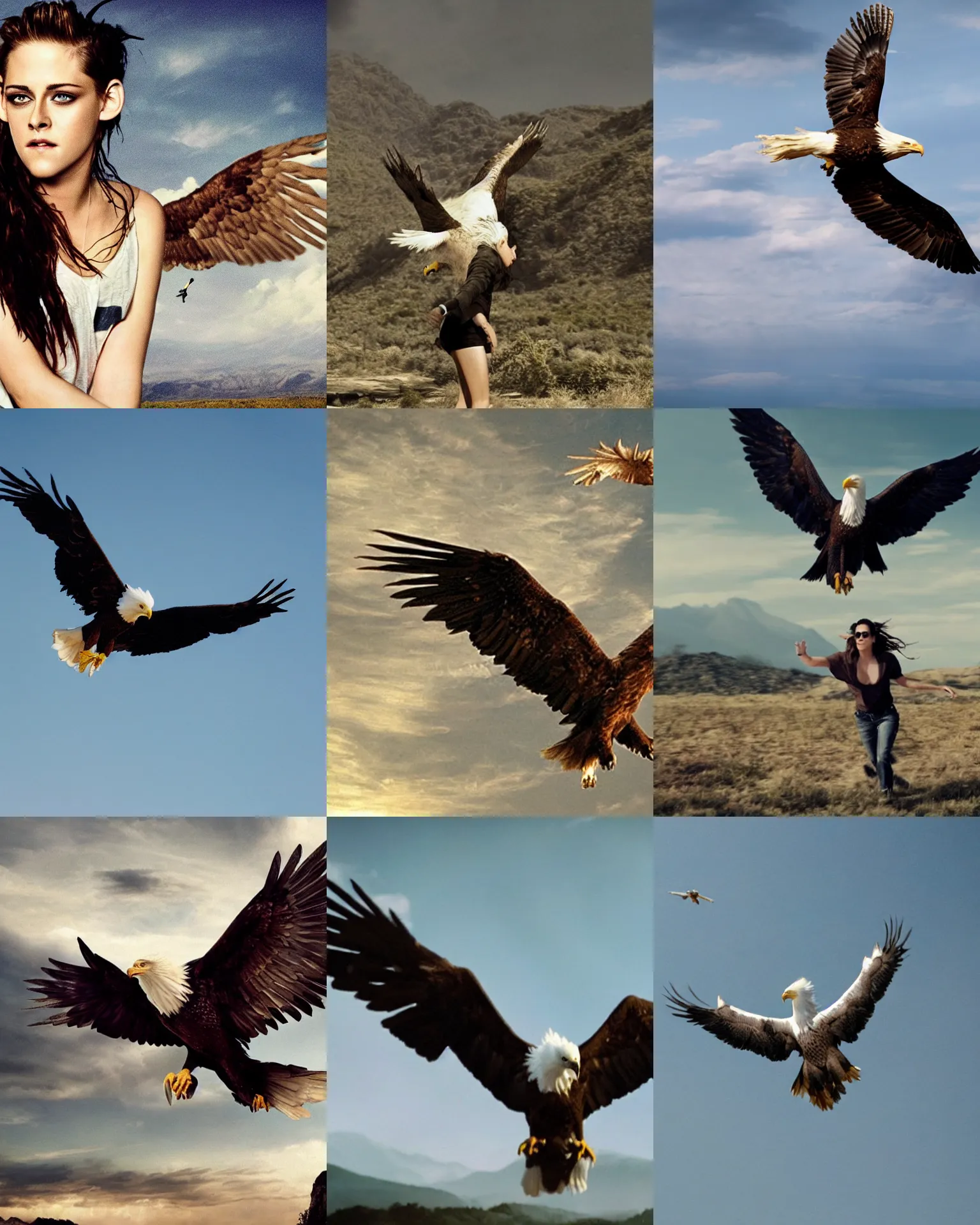 Prompt: Kristen Stewart riding an Eagle as it soars thru the sky, hyperreal, cinematic