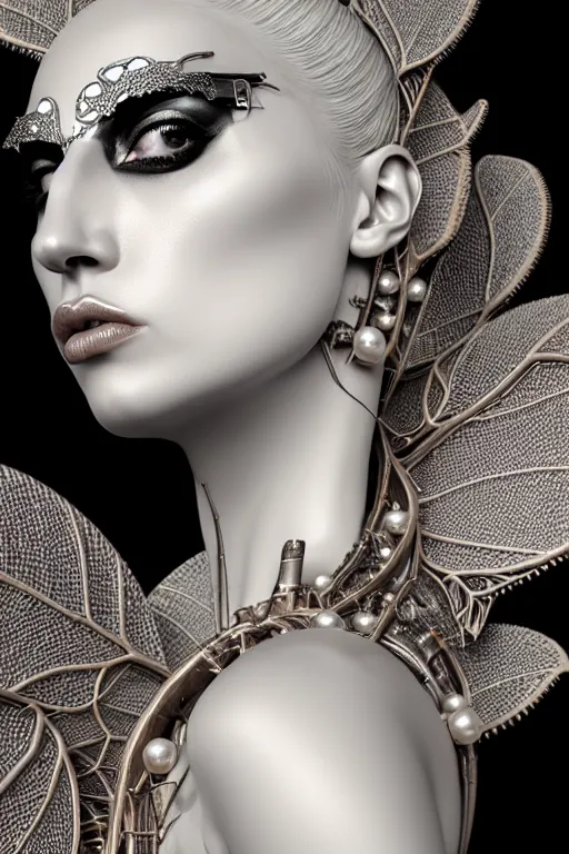 Prompt: complex 3d render ultra detailed of a beautiful porcelain profile Lady Gaga face, biomechanical cyborg, analog, 150 mm lens, beautiful natural soft rim light, big leaves and stems, roots, fine foliage lace, silver dechroic details, massai warrior, Alexander Mcqueen high fashion haute couture, pearl earring, art nouveau fashion embroidered, steampunk, intricate details, mesh wire, mandelbrot fractal, anatomical, facial muscles, cable wires, microchip, elegant, hyper realistic, ultra detailed, octane render, H.R. Giger style, volumetric lighting, 8k post-production