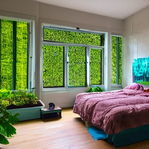 Image similar to bedroom made out of plants, beautiful flora, high field of view, 40nm lens, 4k