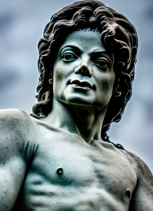 Prompt: michael jackson as marble statue by michaelangelo, high lights, 4 k, high detailed photography, 5 0 mm lens, depth of field, cinematic