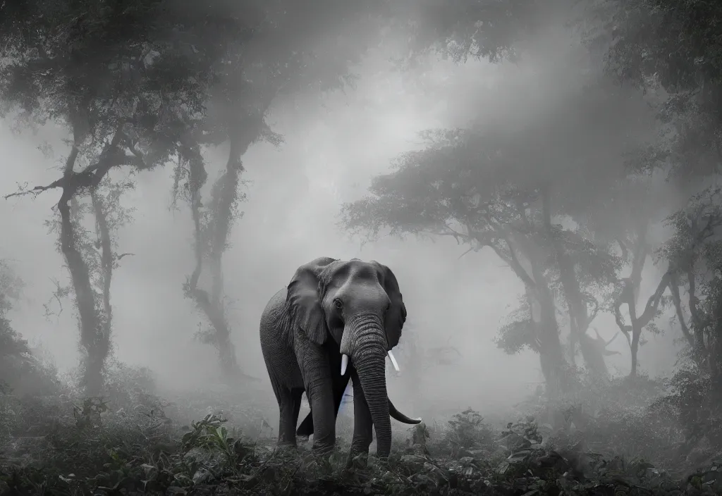 Prompt: an elephant king, his trunk is a huge tentacle, in a jungle with ominous light from above, ambient light, fog, river, symmetrical, poetic