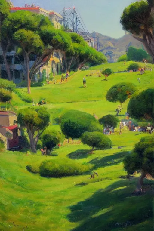 Image similar to San Francisco's green hills during the summertime, very detailed, focused, oil painting, colorful, canvas, artstation, Antoine Pierre Mongin