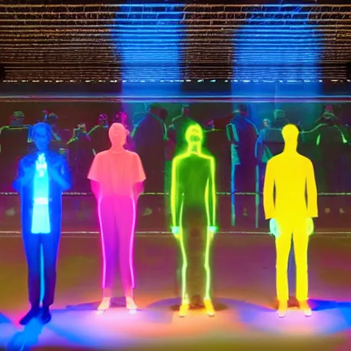 Prompt: a group of people standing in front of a display of illuminated figures, a hologram by stanley twardowicz, trending on shutterstock, holography, dystopian art, stockphoto, global illumination