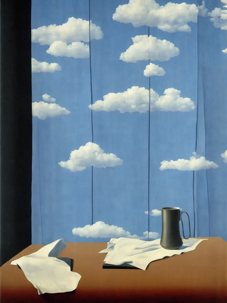 Image similar to curtains and clouds by rene magritte, detailed painting, hd, hq, high resolution, high detail, 4 k, 8 k