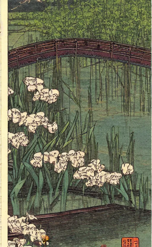 Prompt: by akio watanabe, manga art, wooden lake bridge and iris flowers, trading card front