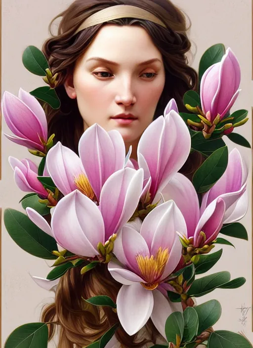 Image similar to perfectly detailed magnolia flowers!! blessed by nature with ever - increasing physical mental perfection, symmetrical! intricate, sensual features, highly detailed, biblical divine holy perfection!! digital painting, artstation, concept art, smooth, sharp focus, illustration, art by artgerm and greg rutkowski and alphonse mucha