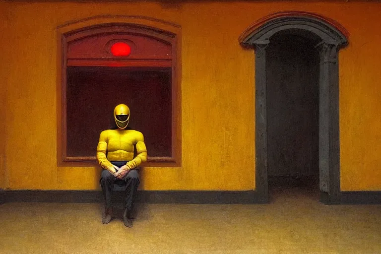 Image similar to portrait, yellow ranger, an exposed picture in a roman theater is trying to be sold by an old man, in the style of beksinski, parts by edward hopper, parts by rodcenko, parts by yue minjun, intricate and epic composition, red by caravaggio, insanely quality, highly detailed, masterpiece, red light, artstation, 4 k