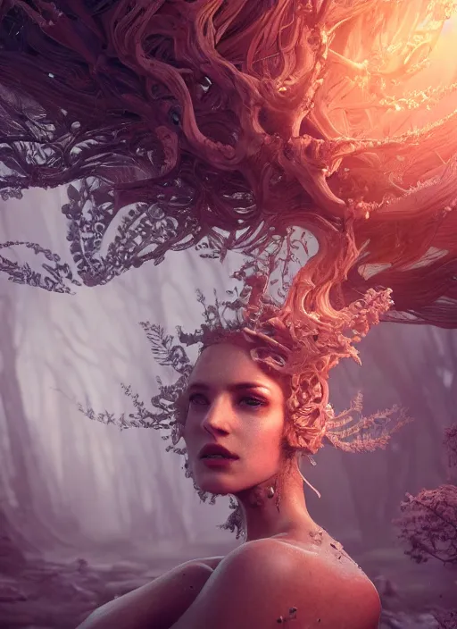 Image similar to stunning biomechanical incredible hair, masterpiece crystalline incrustations, hyperdetailed face, elegant pose, movie still, intricate, octane render, cinematic forest lighting, cgsociety, unreal engine, crepuscular rays, god rays