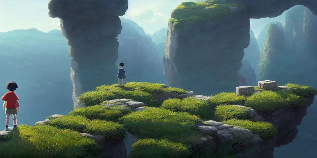 Image similar to a small boy walking over big stone blocks, just over the precipice, studio ghibli, pixar and disney animation, sharp, rendered in unreal engine 5, anime key art by greg rutkowski, bloom, dramatic lighting