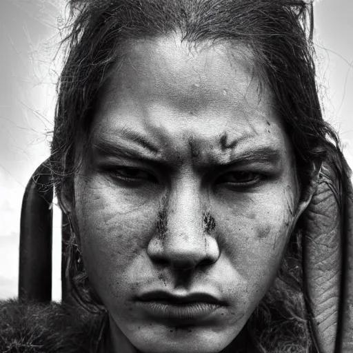 Prompt: portrait of a young jaguar warrior, street pic, depth of field, zeiss lens, detailed, symmetrical, centered, fashion photoshoot, b & w, by annie leibovitz and frank miller, jim jarmusch, moebius, breathtaking, 8 k resolution, extremely detailed, beautiful, establishing shot, artistic, hyperrealistic, beautiful face, octane render