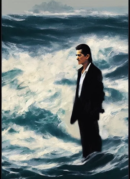 Image similar to black ocean, crashing waves, dale cooper standing alone amidst waves, lonely!!!!! painting by phil hale, fransico goya,'action lines '!!!, graphic style, visible brushstrokes, motion blur, blurry, visible paint texture, crisp hd image