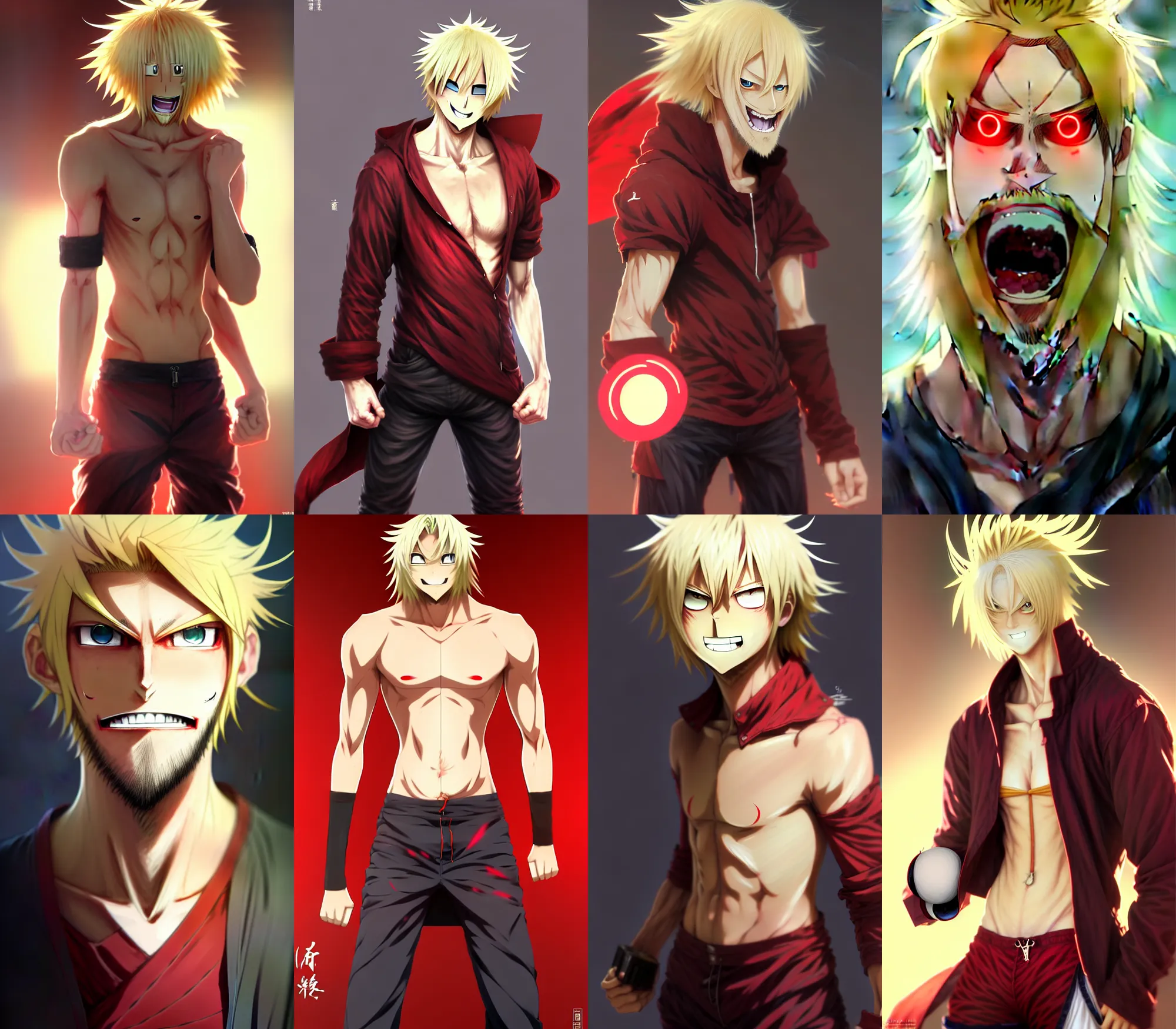 Prompt: Tall anime guy with red angry eyes, smiley grin, detailed angry anime face, blonde long hair, blonde beard, tanned skin, with a boxer gear, in a fighting stance, digital painting, artstation, concept art, soft light, hdri, smooth, sharp focus, illustration, art by tian zi and craig mullins and WLOP and alphonse mucha, MIHOYO STYLE visual novel sprite, character design