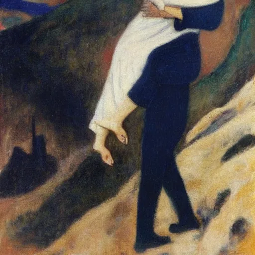 Prompt: Benjamin Netanyahu carrying Sara Netanyahu on his shoulders up a black mountain, wide shot, by Franz Stuck