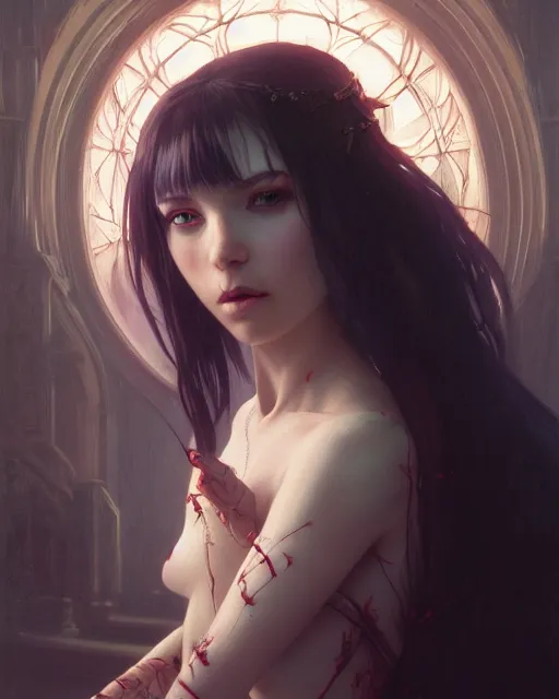 Image similar to highly detailed vfx portrait of a beautiful vampire girl, wonderful eyes, three - dimensional rendering, unreal engine, alexey gurylev, greg rutkowski, loish, rads, beeple, makoto shinkai and lois van baerle, rossdraws, tom bagshaw, alphonse mucha, global lighting, detailed and complex environment