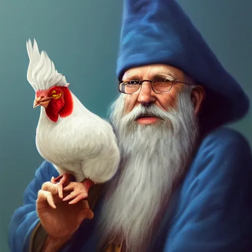 Prompt: a kind old wizard with a long white beard looking a confused, holding a pet chicken perched top of his hat, wearing a blue robe, realistic, detailed, trending on ArtStation, by Tony Sart