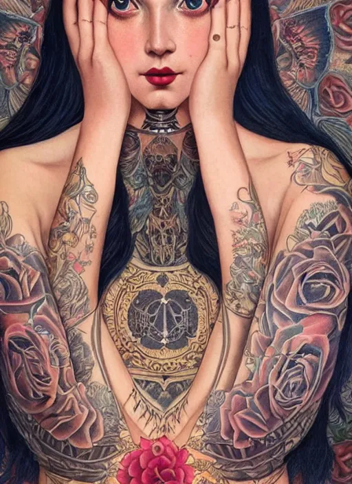 Image similar to beautiful enlightened woman instagram influencer with tattoos, tattooed skin, oil painting, robe, symmetrical face, dark ritual myth, by john william godward, anna dittman, sandra chevrier masterpiece