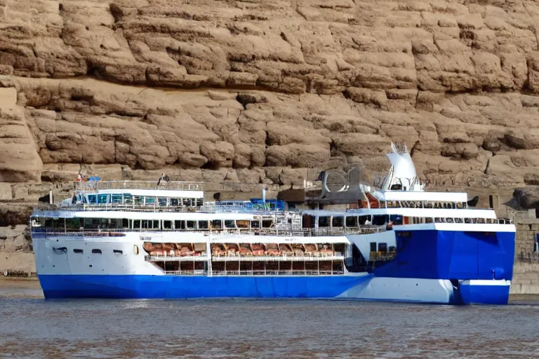 Image similar to realistic photo of the river nile, with the pyramids of giza in the background, a river flowing through the scene, cruise ship in the foreground, sunshine