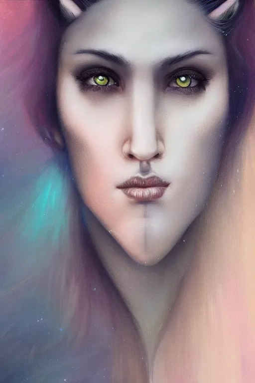 Prompt: portrait of a half woman half wolf, straight on portrait, by artgerm, tom bagshaw, gerald brom, vaporwave colors, lo - fi colors, vaporwave, lo - fi, moody vibe, goth vibe, 4 k, hd,