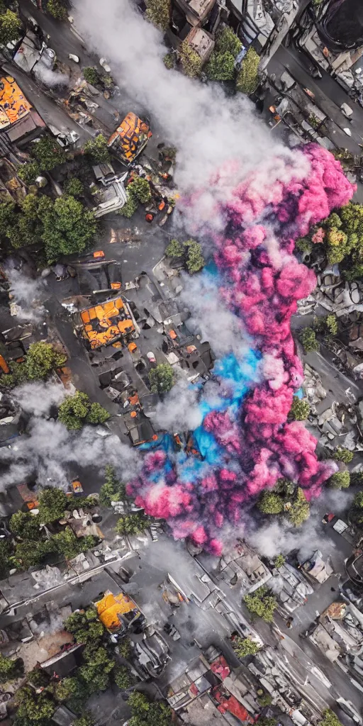 Image similar to post - apocalyptic kreuzberg streets covered in colorful smoke, burned cars, explosions, hyperrealistic, gritty, damaged, drone photography, photorealistic, high details