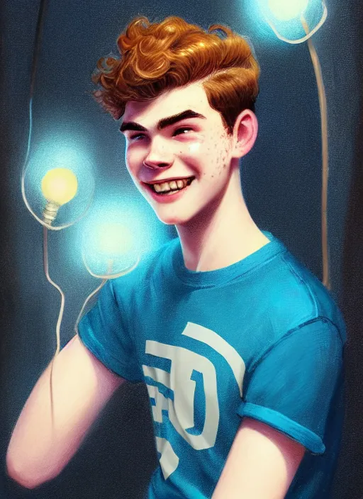 Image similar to portrait of teenage archie andrews, freckles, curly middle part haircut, curly hair, smiling kindly, friendly, 1 9 5 0 s, intricate, elegant, glowing lights, highly detailed, digital painting, artstation, concept art, smooth, sharp focus, illustration, art by wlop, mars ravelo and greg rutkowski