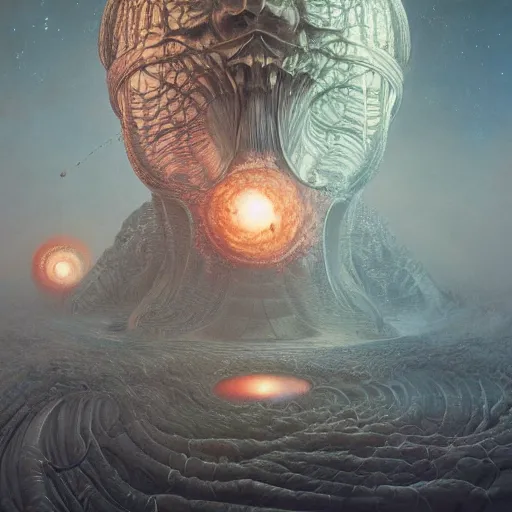 Image similar to artistic depiction of the universe as a simulation, rnst haeckel, artgerm, greg rutkowski, h. r. giger and zdislaw beksinski, trending on artstation