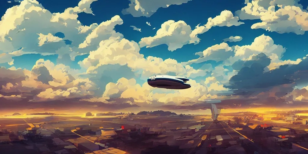 Prompt: clouds in the sky, airship, digital art, blue sky vivid colors, artgerm, james gilleard, beautiful, highly detailed, intricate, trending on art station