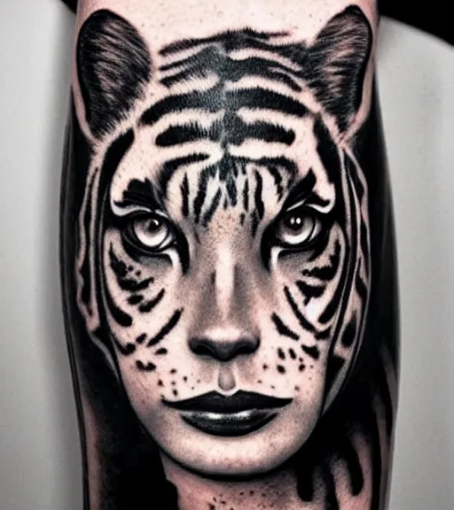 Image similar to tattoo design of a beautiful girl warrior under a tiger head, hyper realistic, realism tattoo, by eliot kohek, beautiful eyes, realistic face, black and white, white background