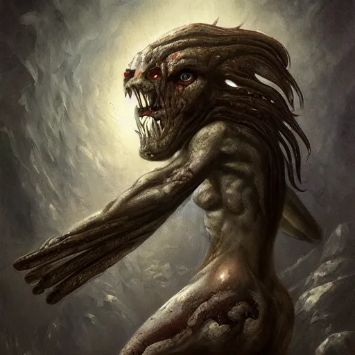 Image similar to polished hewn rectangular granite rock with a demon face, wings sprouting from the back, fantasy, oil painting, style of seb mckinnon