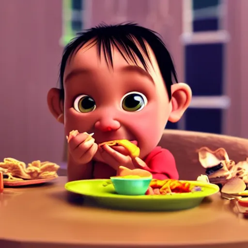 Prompt: baby savage inca eating, blondie, pixar style