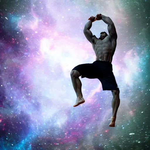 Image similar to athletic man doing a pullup using gymnastic rings, in a cosmic nebula background, dramatic lighting, dramatic digital art trending on artstation