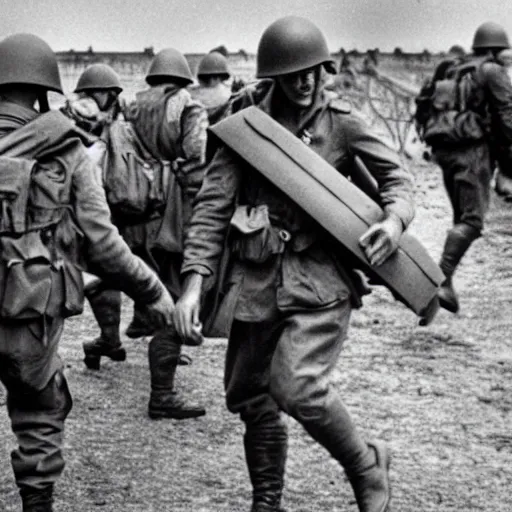 Image similar to wwii, black and white, photography, superheroes on d - day