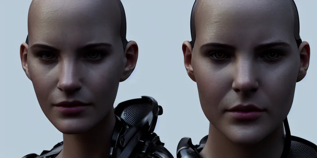 Image similar to hyper realistic symmetricial human face, ex machina, glossy material hard surface, body armour, octane render, 4 k, volumetric lights