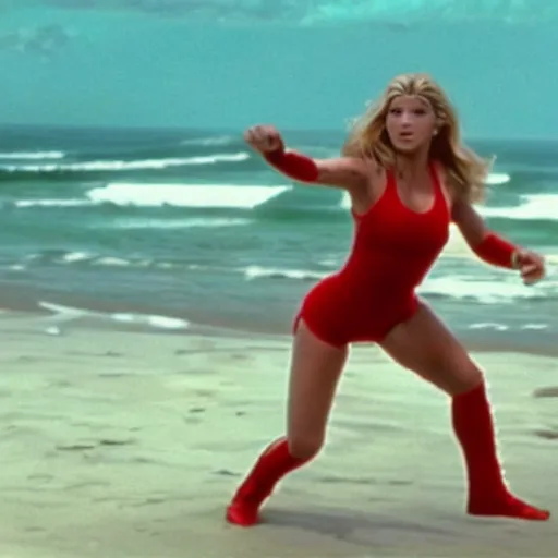 Prompt: A still of Samus Aran from Metroid in Baywatch (1989)