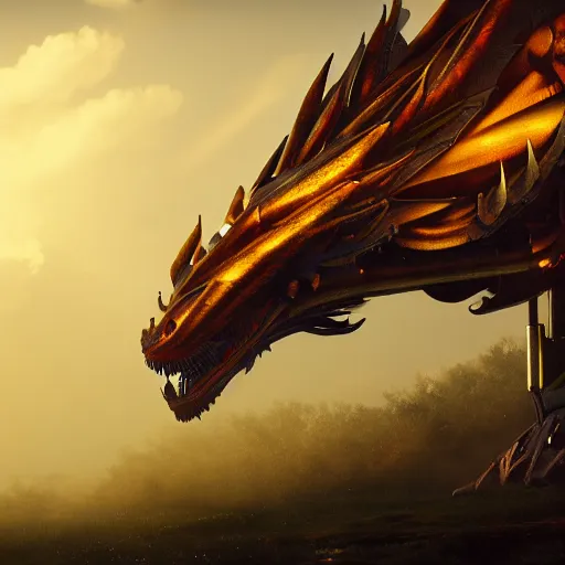 Image similar to a large mechanical dragon posing elegantly; epic cinematography, high quality, artstation deviantart, octane render