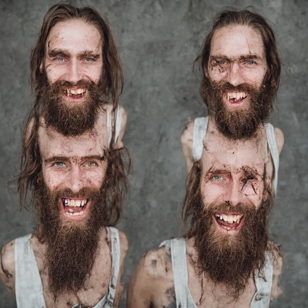 Image similar to extremely skinny malnourished redneck white male with long beard, wearing dirty overalls, dirty greasy face, grin, portrait, close up, kodak gold 2 0 0, 5 0 mm,